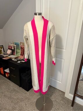 Long Open-Front Ivory Cardigan with Hot Pink Trim